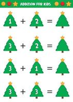 Educational worksheet for preschool kids. Addition for kids with Christmas trees. vector