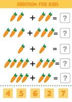Addition for kids with carrots. Math game for preschool kids. vector