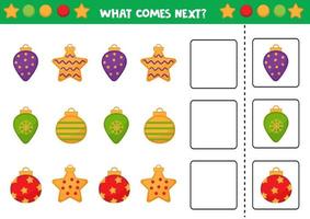 Educational worksheet for preschool kids. What comes next. Task with colorful Christmas balls. vector