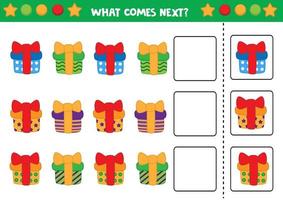 Educational worksheet for preschool kids. What comes next. Task with colorful Christmas gift boxes. vector