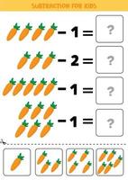 Educational worksheet for kids. Subtraction for kids with carrots. Math game for preschool kids. vector