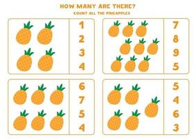 Educational worksheet for preschool kids. How many are there. Count the pineapples. Math game for kids. vector