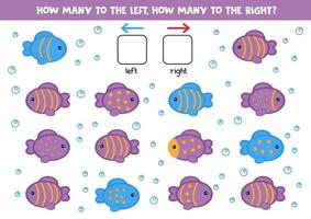 Educational worksheet for preschool kids. Left and right. Count how many fish swim to the right and to the left. vector