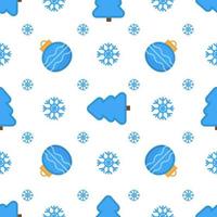 Cute Christmas seamless pattern in blue colors. Fir tree, balls and snowflakes. vector