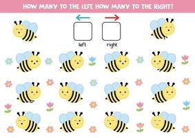 Educational worksheet for preschool kids. Left and right. Count how many bees fly to the right and to the left.