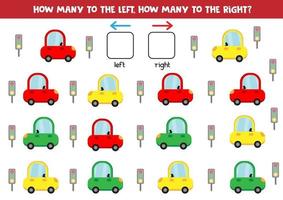 Educational worksheet for preschool kids. Left and right. Count how many cars go to the right and to the left. vector