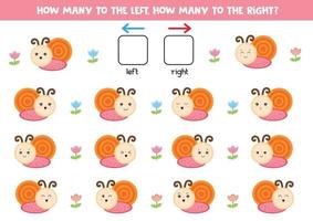 Educational worksheet for preschool kids. Left and right. Count how many snails go to the right and to the left. vector