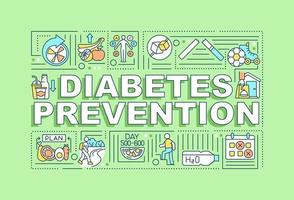 Diabetes preventions word concepts banner. Medical help. Infographics with linear icons on green background. Isolated creative typography. Vector outline color illustration with text