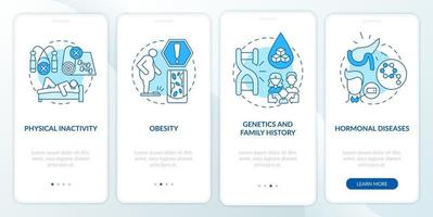 Diabetes causes onboarding mobile app page screen. Physical inactivity walkthrough 4 steps graphic instructions with concepts. UI, UX, GUI vector template with linear color illustrations