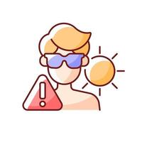 sobreexposición al sol icono de color rgb. persona con gafas de sol en la playa con riesgo de insolación. hombre en peligro de sufrir quemaduras solares durante el verano. ilustración vectorial aislada. golpe de calor simple dibujo de líneas llenas vector