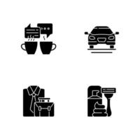 Daily activities black glyph icons set on white space. Meeting over coffee with friends. Sedan car. Official clothes. Everyday routine. Silhouette symbols. Vector isolated illustration