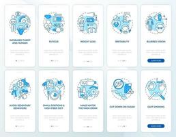 Diabetes onboarding mobile app page screen set. Disease symptoms walkthrough 5 steps graphic instructions with concepts. UI, UX, GUI vector template with linear color illustrations