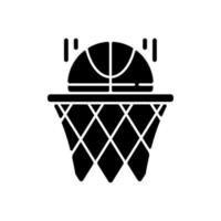 Basketball black glyph icon. Team sport for exercise. Scoring goal with shooting ball in hoop. Everyday routine activities in school. Silhouette symbol on white space. Vector isolated illustration