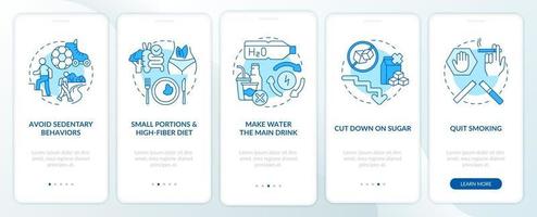 Diabetes prevention tips onboarding mobile app page screen. Sedentary behavior walkthrough 5 steps graphic instructions with concepts. UI, UX, GUI vector template with linear color illustrations