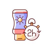 Apply sunscreen every 2 hours RGB color icon. Sunblock lotion application tip. Isolated vector illustration. Cream for sunburn prevention during summer heatwave simple filled line drawing