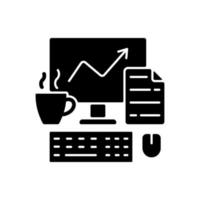 Computer office black glyph icon. Freelancer workplace. Worker desk. Daily workflow. Marketing report on screen. Remote work. Silhouette symbol on white space. Vector isolated illustration