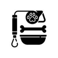 Pet lead and food black glyph icon. Shop with animal products. Supplies for cats and dogs. Everyday routine shopping and lifestyle. Silhouette symbol on white space. Vector isolated illustration