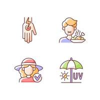 Sunstroke and sunburn RGB color icons set. Cramp in body. Loss of appetite. Avoid UV exposure. Isolated vector illustrations. Heatstroke symptoms simple filled line drawings collection