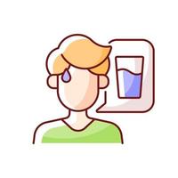 Thirst RGB color icon. Dehydration symptom during heat wave. Sign of heatstroke. Lack of water. Isolated vector illustration. Sweating man thinking of drink simple filled line drawing