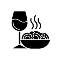 Dinner black glyph icon. Spaghetti and wine glass. Romantic meal. Restaurant order. Cafe menu. Dish recipe. Everyday routine. Silhouette symbol on white space. Vector isolated illustration