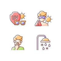 UV rays exposure risk RGB color icons set. Sunglasses to protect eyes from sunlight. Cooling shower. Isolated vector illustrations. Heatstroke danger simple filled line drawings collection