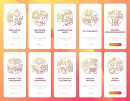 Online retailing onboarding mobile app page screens set. Ecommerce business walkthrough 5 steps graphic instructions with concepts. UI, UX, GUI vector template with linear color illustrations
