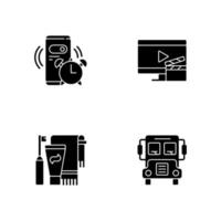 Student everyday routine black glyph icons set on white space. Alarm clock for morning. Daily schedule. School bus. Brushing teeth. Silhouette symbols. Vector isolated illustration