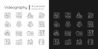 Videography linear icons set for dark and light mode. Business footage. Online classes for education. Customizable thin line symbols. Isolated vector outline illustrations. Editable stroke