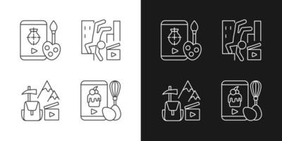 Internet video linear icons set for dark and light mode. Drawing tutorial. Parkour footage. Travel vlog. Customizable thin line symbols. Isolated vector outline illustrations. Editable stroke