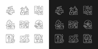 Video content linear icons set for dark and light mode. Business to business service. Entertainment content. Customizable thin line symbols. Isolated vector outline illustrations. Editable stroke