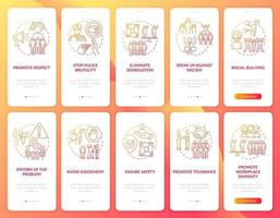Fighting racial inequality onboarding mobile app page screens set. Support tolerance walkthrough 5 steps graphic instructions with concepts. UI, UX, GUI vector template with linear color illustrations