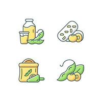 Soy meals RGB color icons set. Isolated vector illustrations. Organic soybean based flour. Healthy plant milk. Vegetarian meal preparation. Vegetable snacks simple filled line drawings collection