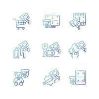 Securing home and business gradient linear vector icons set. Avoid damage. CCTV monitor. Hijacking prevention. Thin line contour symbols bundle. Isolated vector outline illustrations collection
