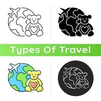 Orphanage tourism icon. Volunteer fly abroad for children charity support. Visit foreign country with kids. Travel industry category. Linear black and RGB color styles. Isolated vector illustrations