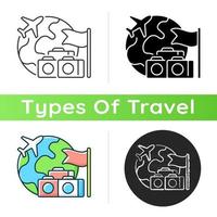 Group tour icon. Collective planning for journey abroad. Trip together to abroad country. Tourism industry category. Linear black and RGB color styles. Isolated vector illustrations