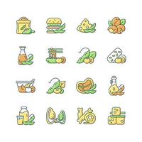 Soy foods RGB color icons set. Isolated vector illustrations. Healthy meals preparation. Vegetarian types of products. Plant based snacks. Nutritions source simple filled line drawings collection