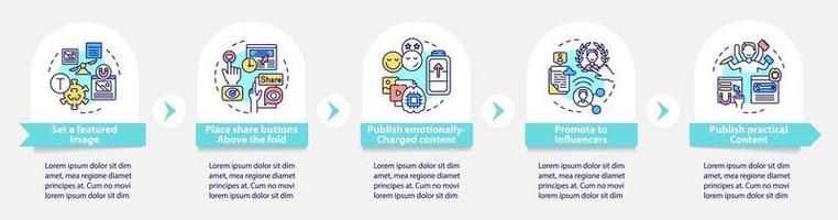 Plantilla de infografía vectorial de consejos de contenido atractivo. compartir elementos de diseño de esquema de presentación de botones. visualización de datos con 5 pasos. gráfico de información de la línea de tiempo del proceso. diseño de flujo de trabajo con iconos de línea vector