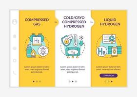 H2 storage approaches onboarding vector template. Responsive mobile website with icons. Web page walkthrough 3 step screens. Cold, cryo compressed hydrogen color concept with linear illustrations