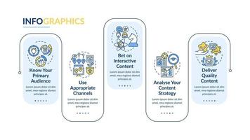 Shareable content techniques vector infographic template. Analysis presentation outline design elements. Data visualization with 5 steps. Process timeline info chart. Workflow layout with line icons