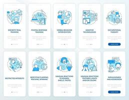 Autistic therapy methods onboarding mobile app page screens set. Autism signs walkthrough 5 steps graphic instructions with concepts. UI, UX, GUI vector template with linear color illustrations