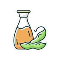 Soy sauce RGB color icon. Isolated vector illustration. Salty ingredient added to meals. Vegeterian foods types. Liquids used to improve flavor of rice or noodles simple filled line drawing