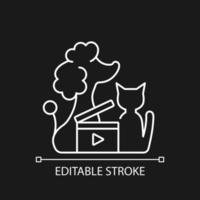 Pet videos white linear icon for dark theme. Online content with domestic animals. Cats vlog. Thin line customizable illustration. Isolated vector contour symbol for night mode. Editable stroke