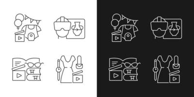 Types of video linear icons set for dark and light mode. Baby party. VR headset. Book review. Fashion blog. Customizable thin line symbols. Isolated vector outline illustrations. Editable stroke