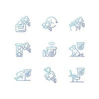 Surveillance camera usage gradient linear vector icons set. Election observation. Pet control. Motion detection. Thin line contour symbols bundle. Isolated vector outline illustrations collection