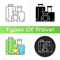 Family vacation icon. Kid friendly trip. Travelling with children. Recreation for parents and child. Travel industry category. Linear black and RGB color styles. Isolated vector illustrations