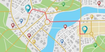 navegación ficticia del mapa de la ciudad con ríos y parques. vector