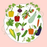 Vegetables Set in Round Frame Bell Pepper Radish Beetroot Carrot Turnip Tomato Eggplant Celery Corn Lettuce Cucumber vector