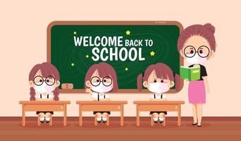 Happy Teacher and kids in Classroom cartoon art illustration vector