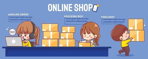 Cute business women selling online. she has a courier and delivery to deliver products  cartoon art illustration vector