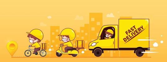 conjunto de concepto de servicio de entrega en línea hombre de entrega paseo en camión, scooter y bicicleta ilustración de arte de dibujos animados de mensajero vector